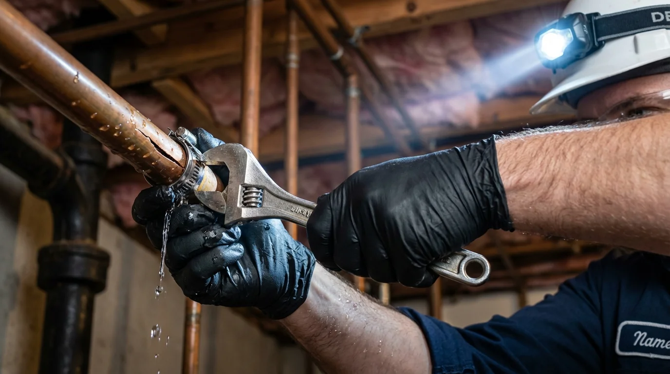 Emergency pipe clamp repair being performed by a Johns Plumbing LLC plumber in Cayce
